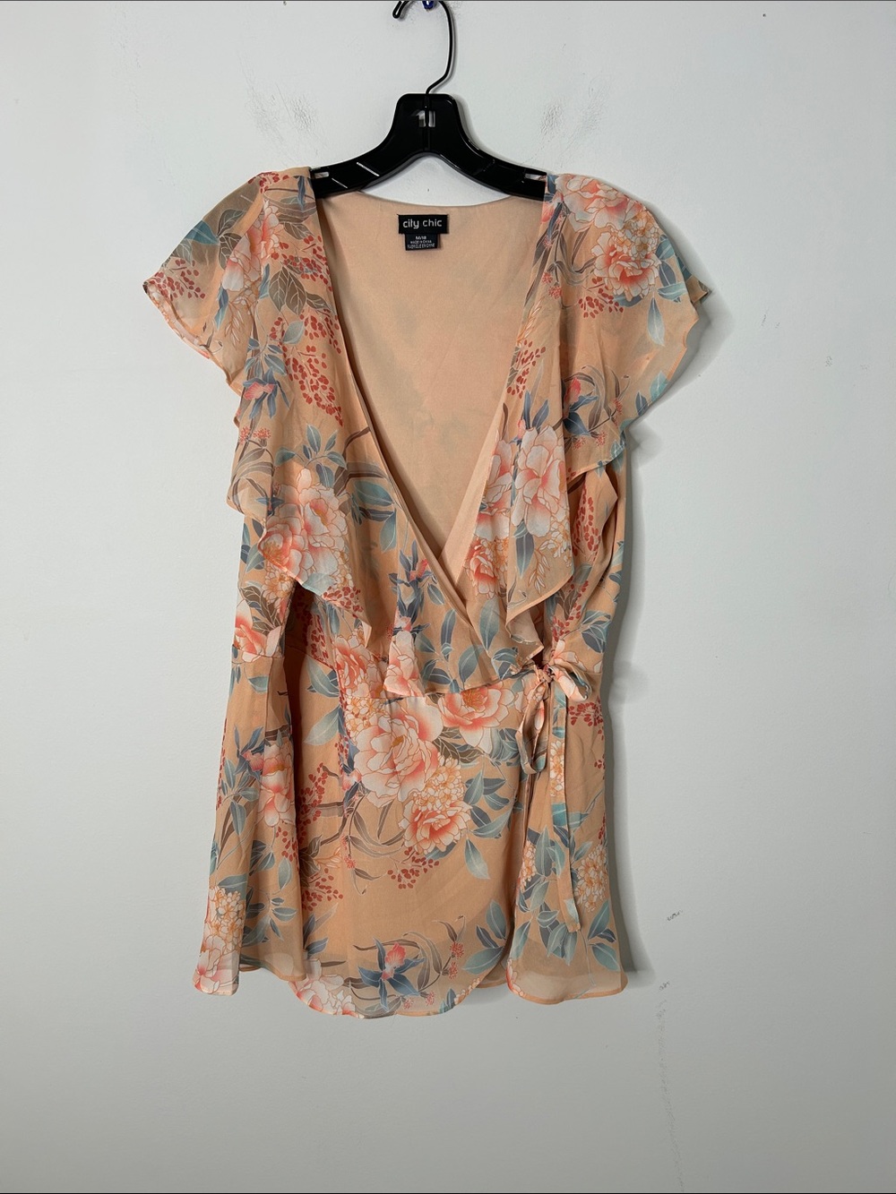 City Chic Floral Wrap Blouse with Ruffle Trim